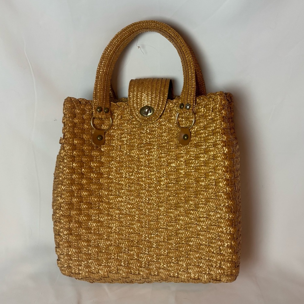 Vintage Woven Straw Beach Bag Tote Large Wicker Twist Lock Retro 60’s 70’s